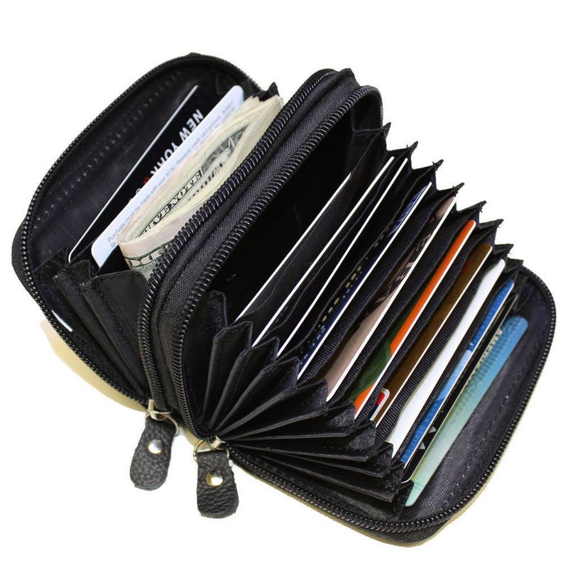 LB LEATHERBOSS Leatherboss Genuine Leather Rfid Safe Double Zipper Accordion Wallet Organizer For Men Women, Black - Image 1